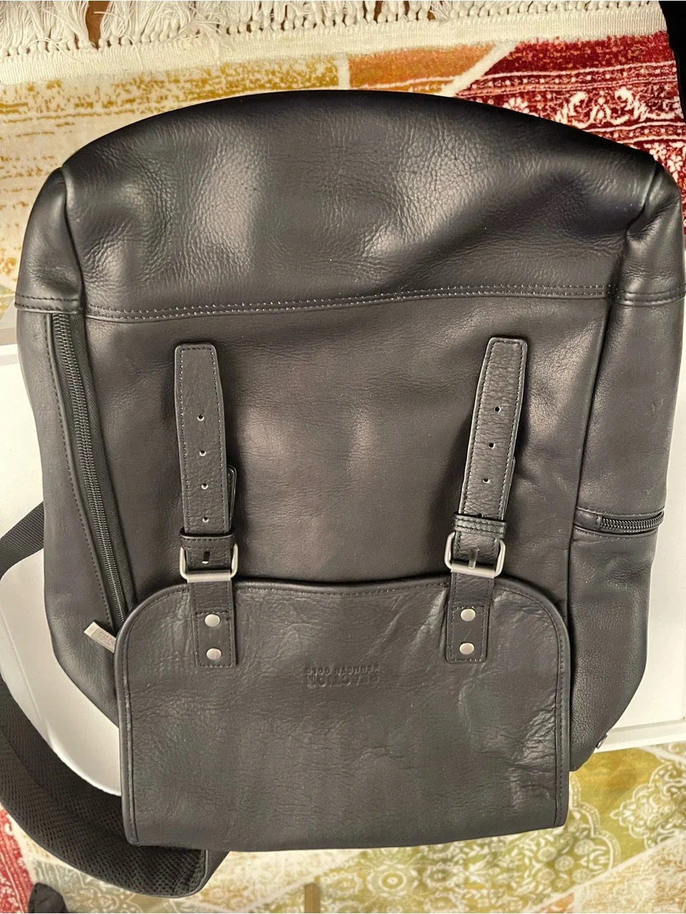 Kenneth Cole Reaction Black Leather Backpack with Buckle Pocket